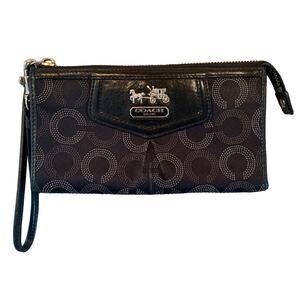 Coach Signature Print Black Leather Fabric Silver-tone Hardware Wristlet Clutch